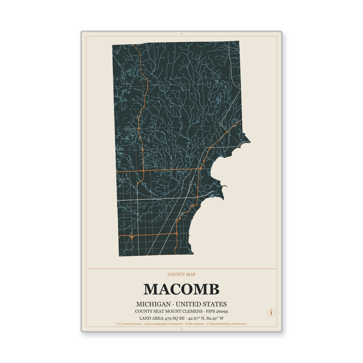 Macomb County, Michigan Map Aluminum Sign in Headline Atlas style
