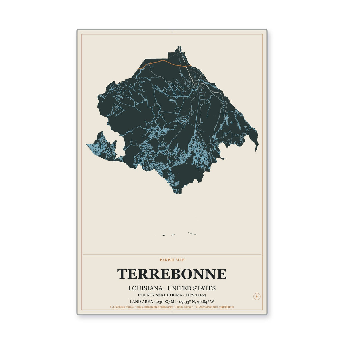 Terrebonne Parish, Louisiana Map Aluminum Sign in Headline Atlas style