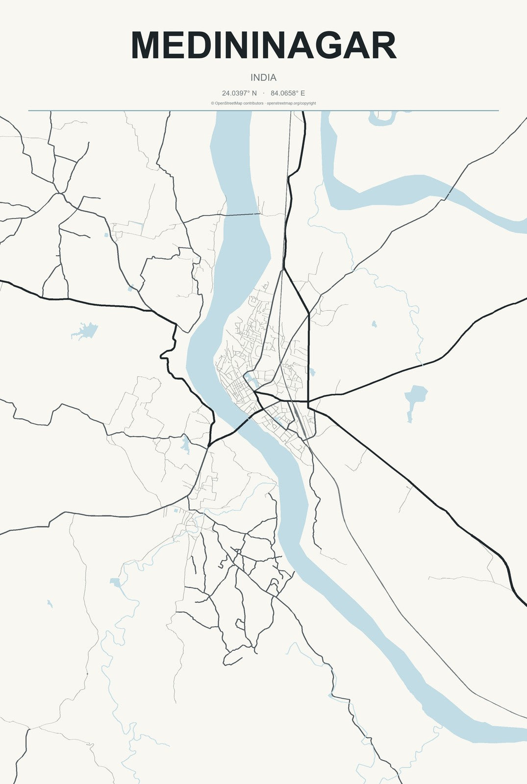 Medininagar, India City Map Aluminum Sign in Headline Atlas style
