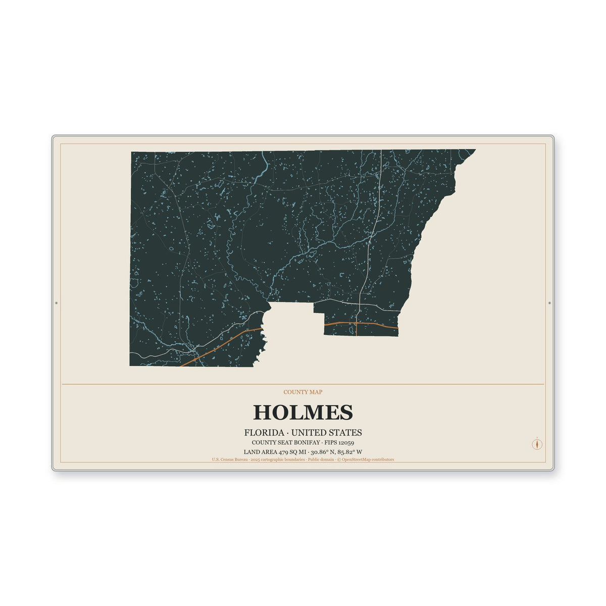 Holmes County, Florida Map Aluminum Sign in Headline Atlas style