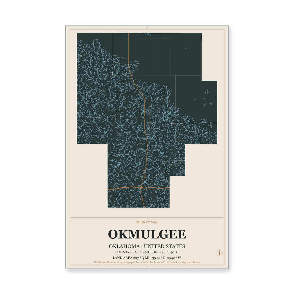 Okmulgee County, Oklahoma Map Aluminum Sign in Headline Atlas style