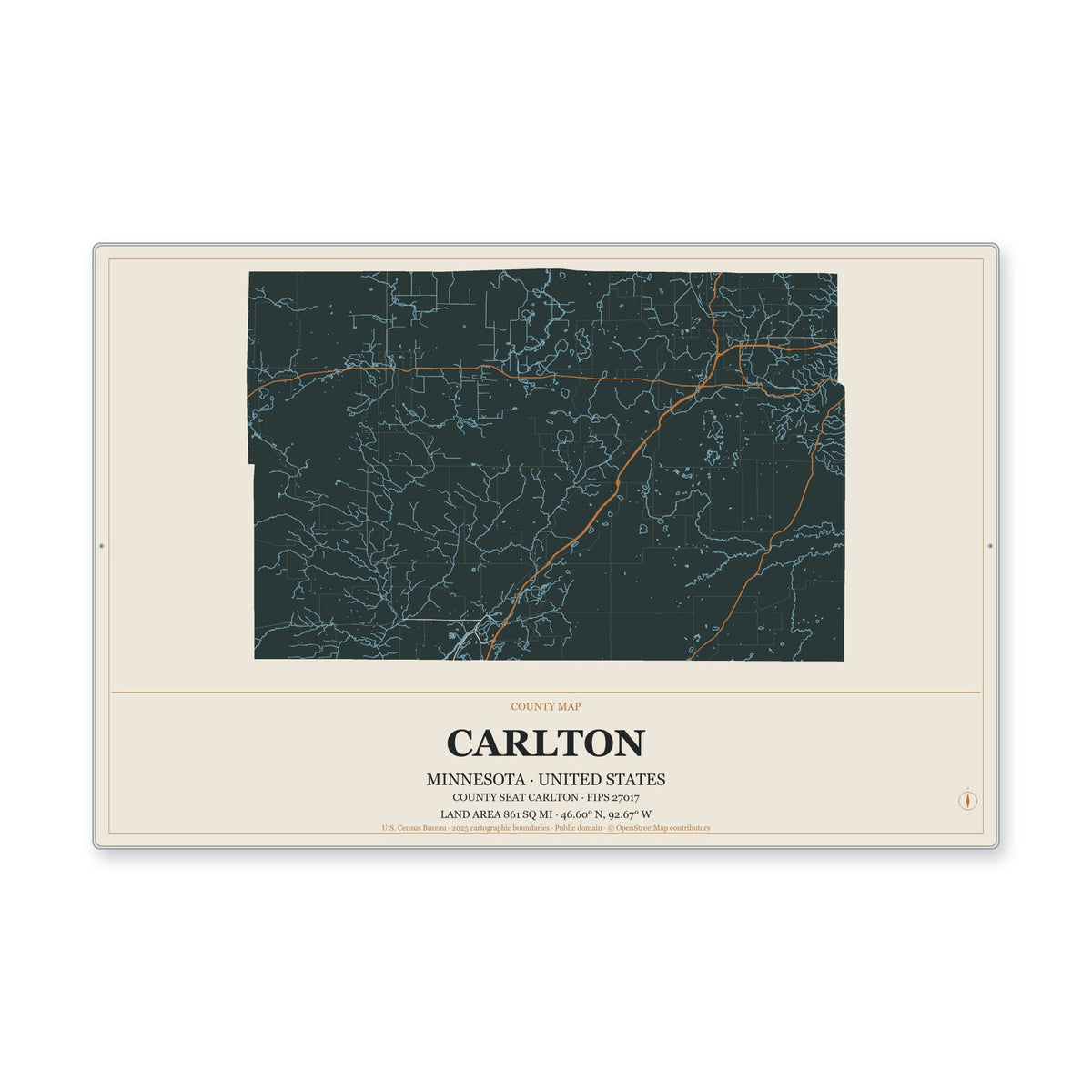 Carlton County, Minnesota Map Aluminum Sign in Headline Atlas style