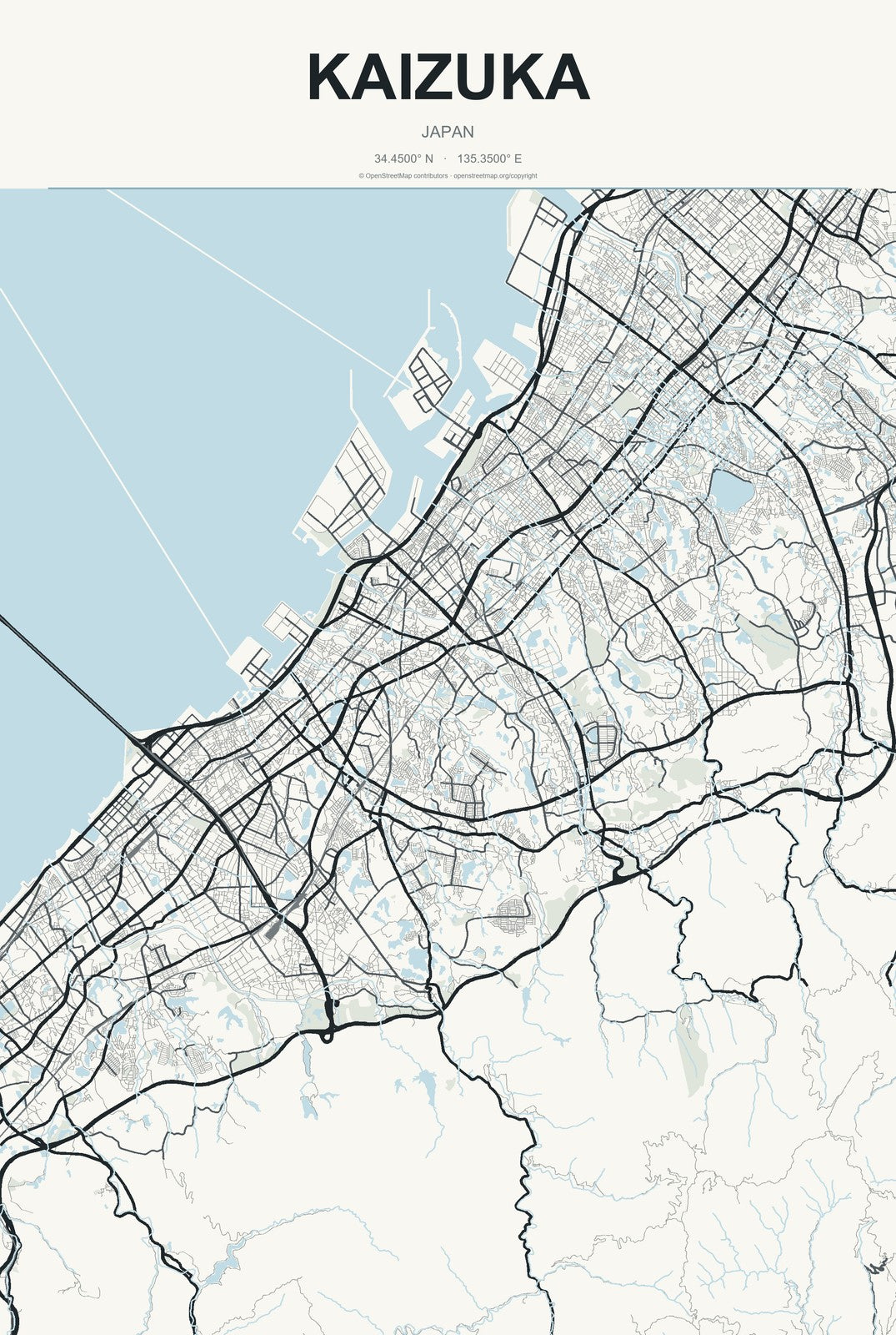 Kaizuka, Japan City Map Aluminum Sign in Headline Atlas style