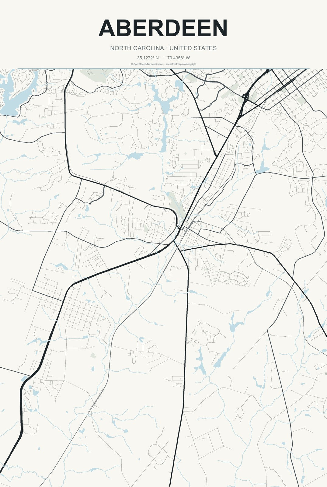 Aberdeen, North Carolina City Map Aluminum Sign in Headline Atlas style