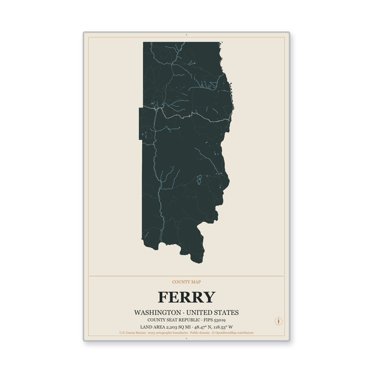 Ferry County, Washington Map Aluminum Sign in Headline Atlas style