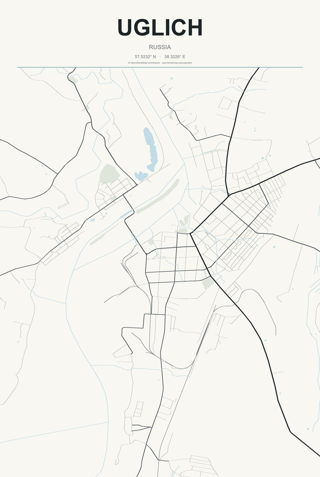 Uglich, Russia City Map Aluminum Sign in Headline Atlas style