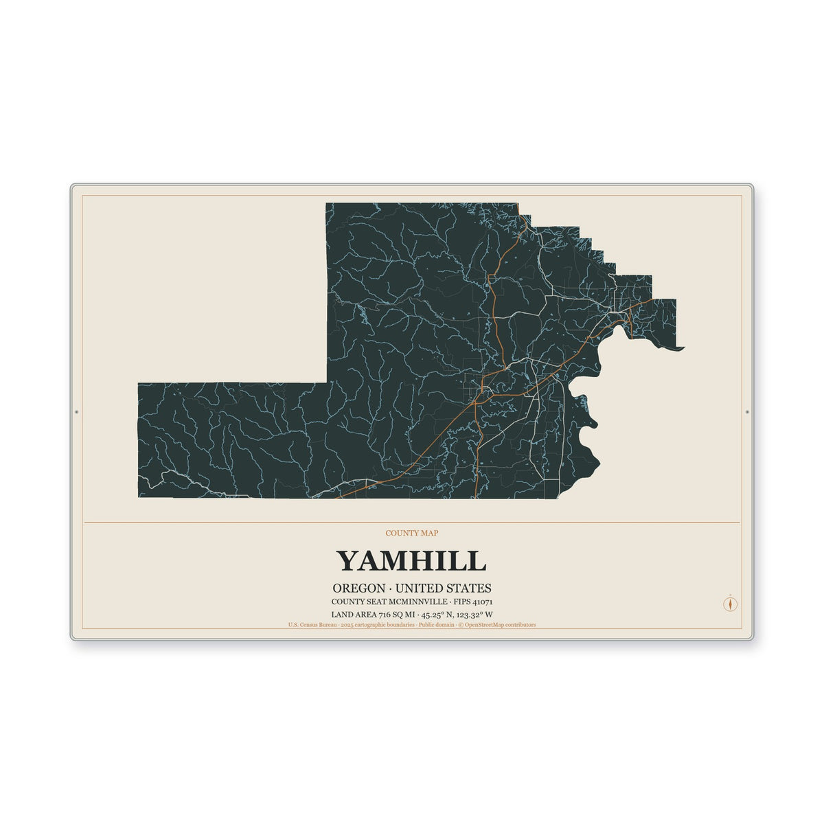 Yamhill County, Oregon Map Aluminum Sign in Headline Atlas style