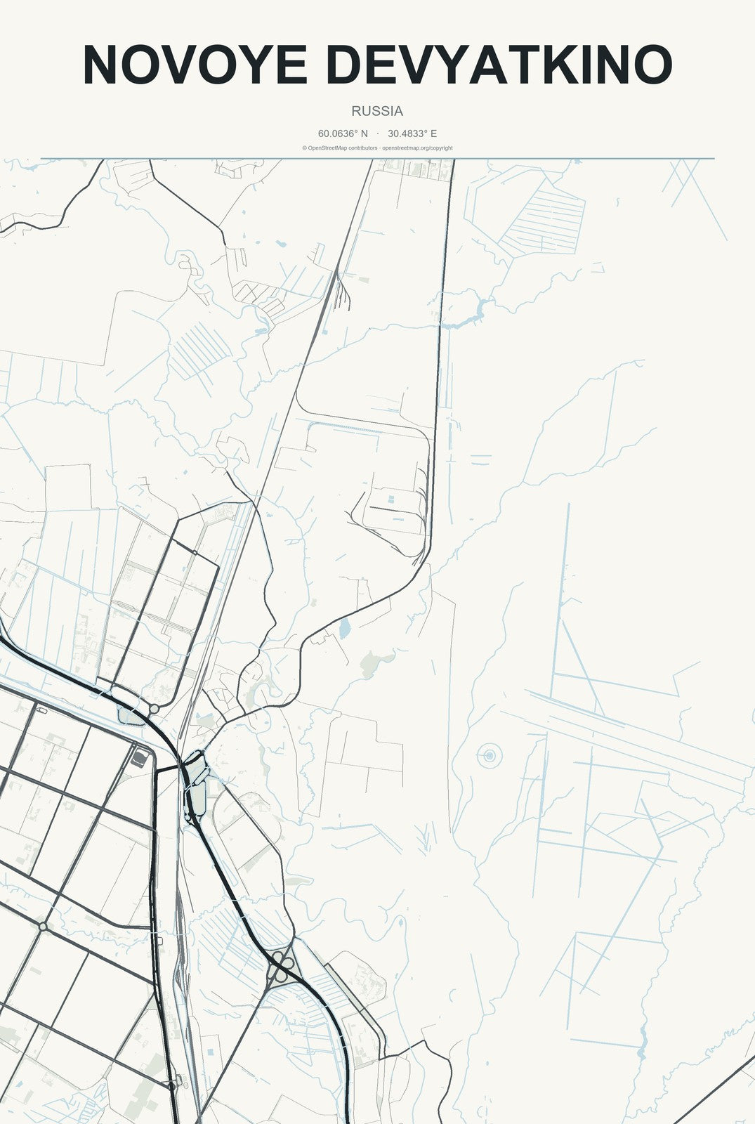 Novoye Devyatkino, Russia City Map Aluminum Sign in Headline Atlas style