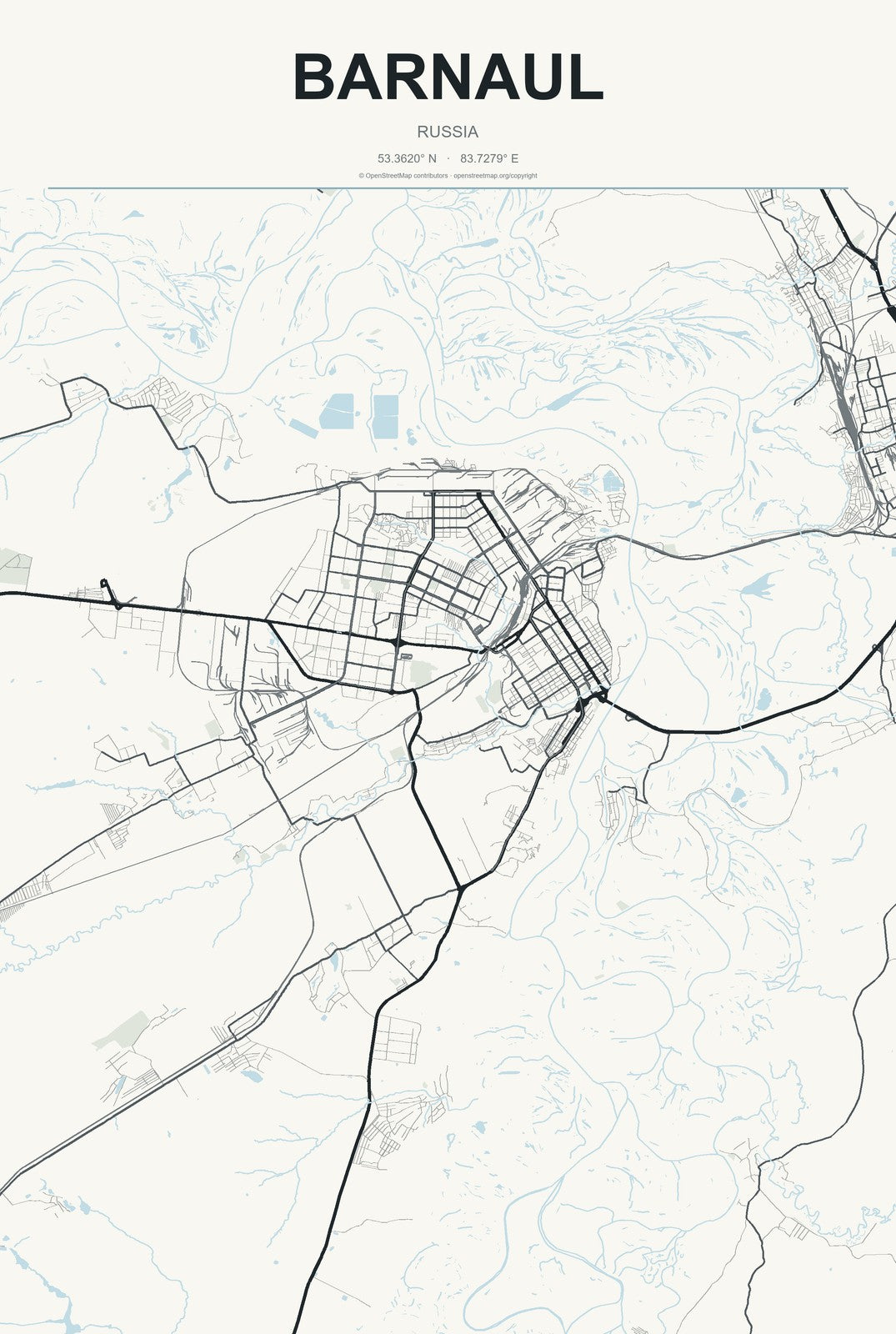 Barnaul, Russia City Map Aluminum Sign in Headline Atlas style