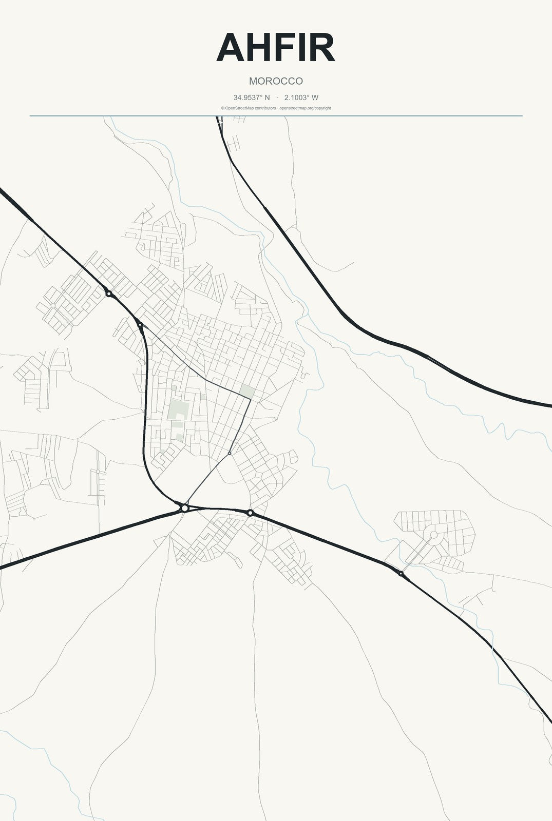 Ahfir, Morocco City Map Aluminum Sign in Headline Atlas style
