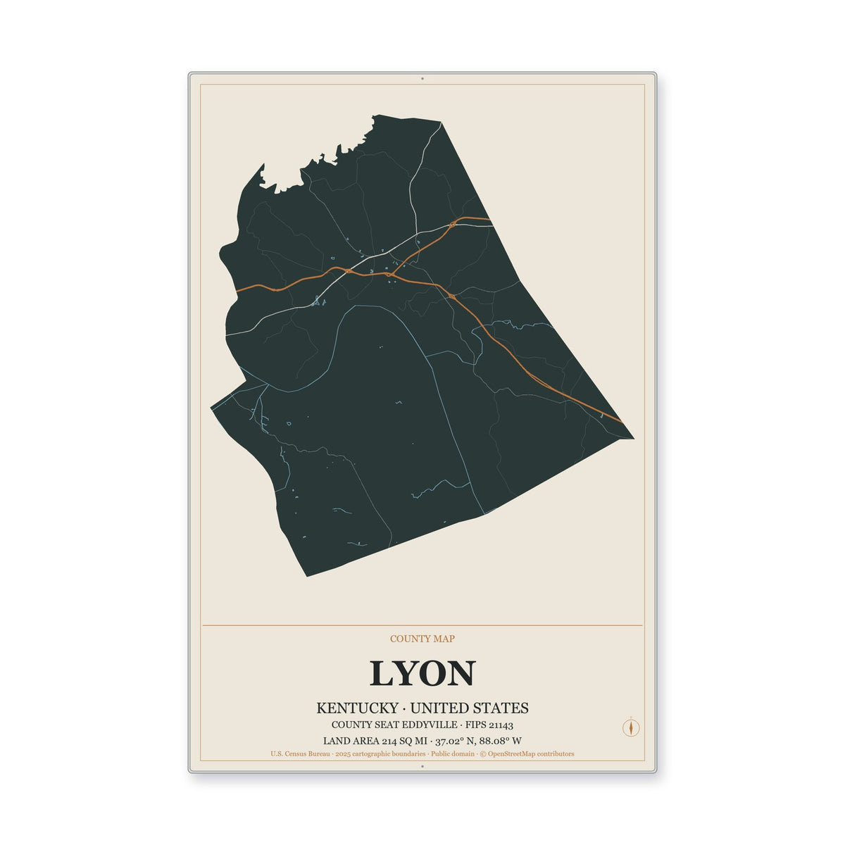 Lyon County, Kentucky Map Aluminum Sign in Headline Atlas style