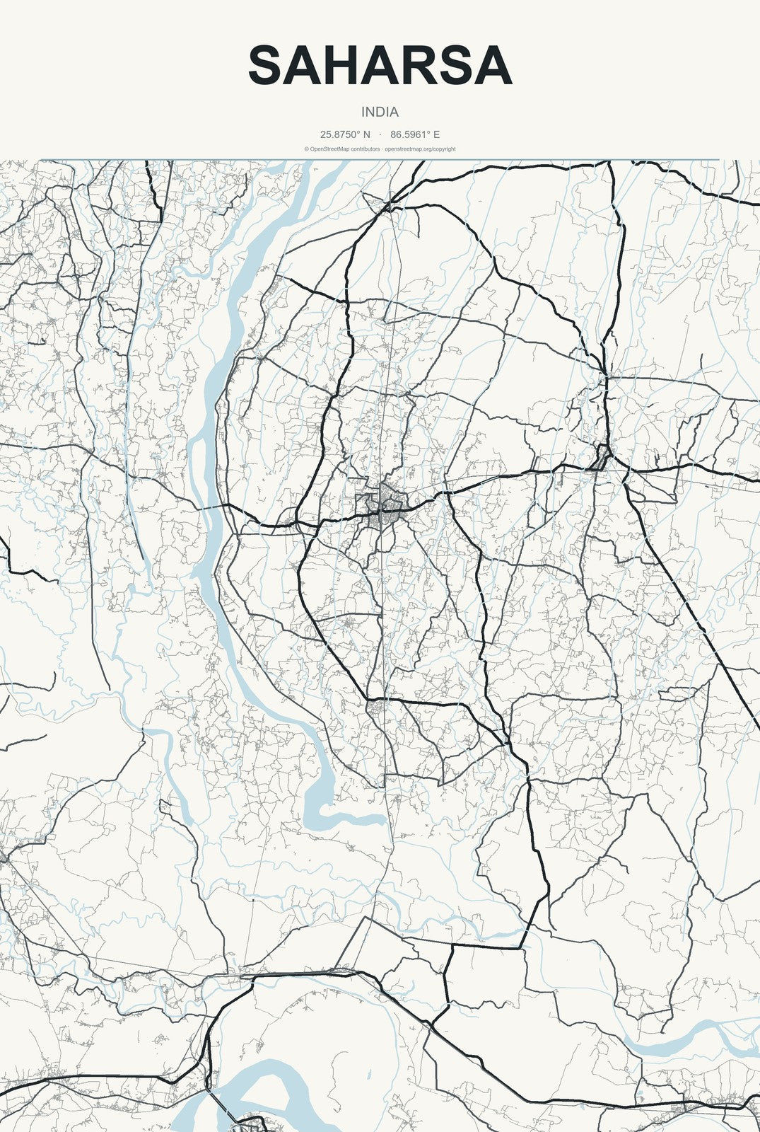 Saharsa, India City Map Aluminum Sign in Headline Atlas style