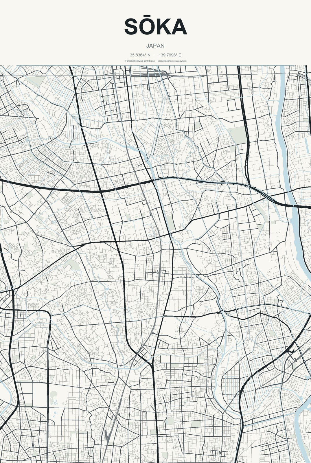 Sōka, Japan City Map Aluminum Sign in Headline Atlas style