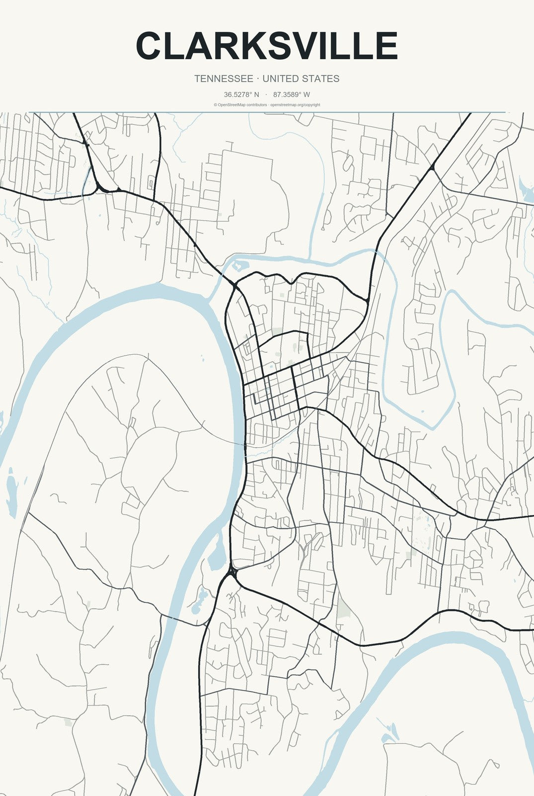 Clarksville, Tennessee City Map Aluminum Sign in Headline Atlas style