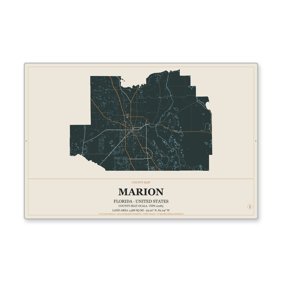 Marion County, Florida Map Aluminum Sign in Headline Atlas style