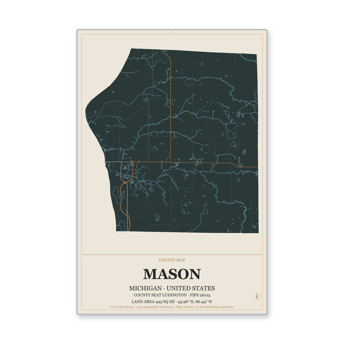 Mason County, Michigan Map Aluminum Sign in Headline Atlas style
