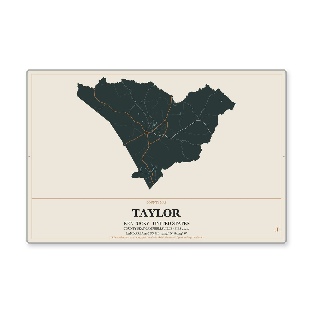 Taylor County, Kentucky Map Aluminum Sign in Headline Atlas style