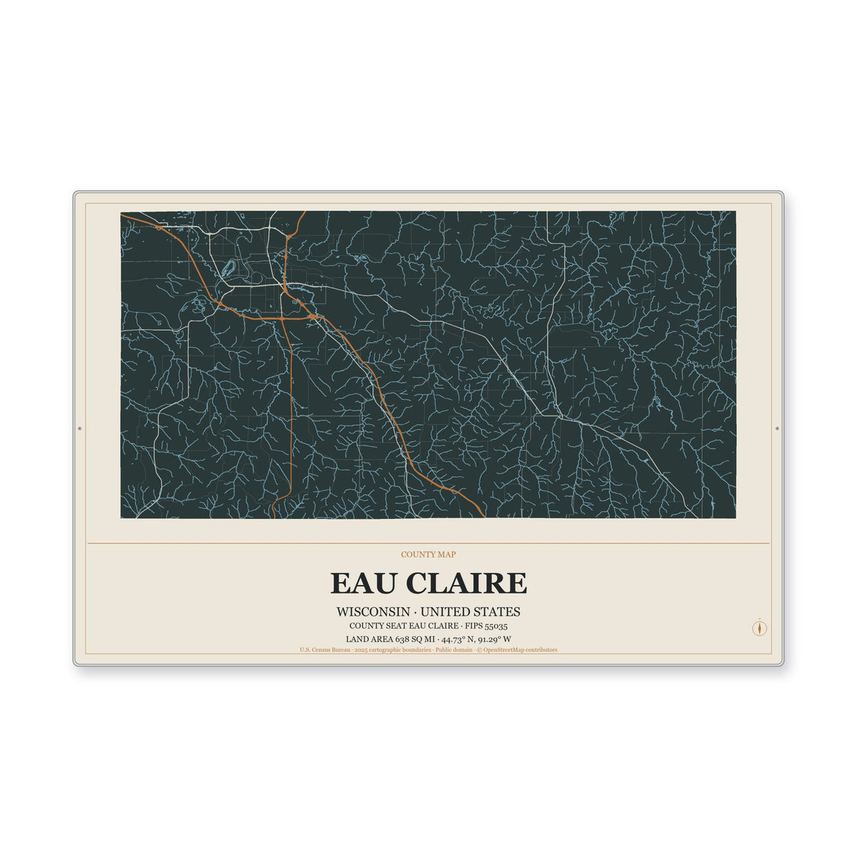 Eau Claire County, Wisconsin Map Aluminum Sign in Headline Atlas style