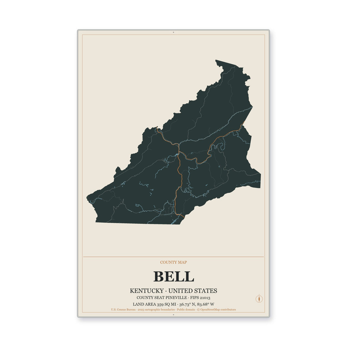 Bell County, Kentucky Map Aluminum Sign in Headline Atlas style