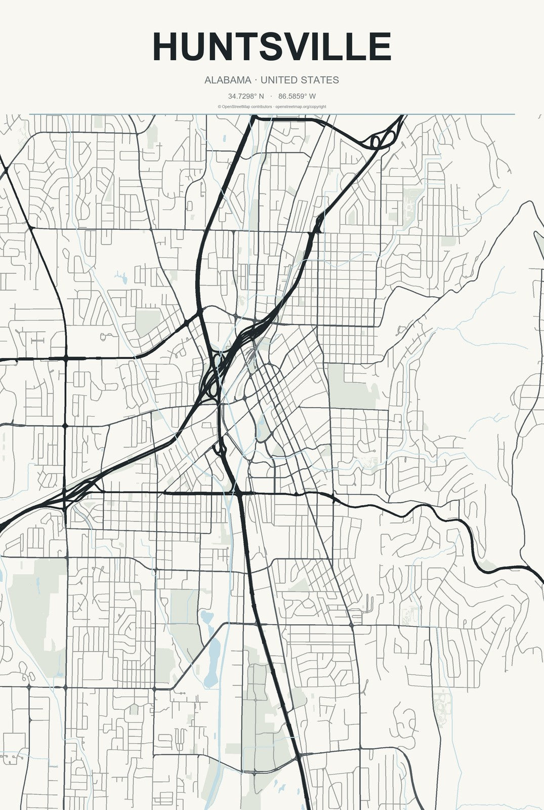 Huntsville, Alabama City Map Aluminum Sign in Headline Atlas style