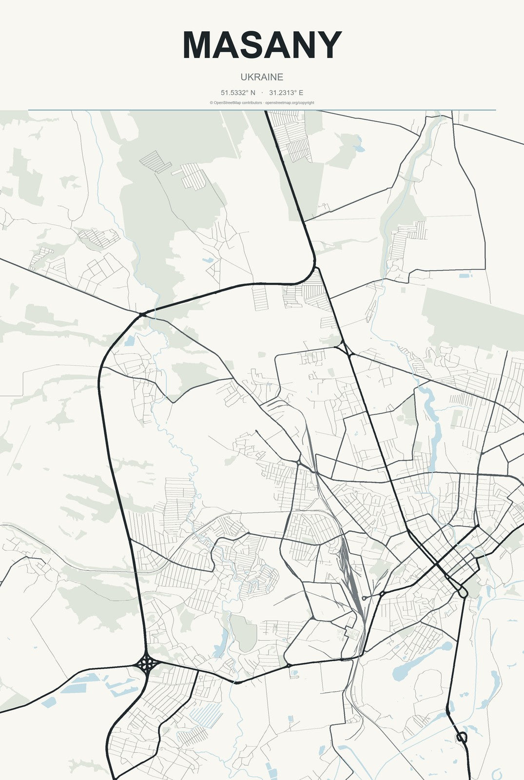 Masany, Ukraine City Map Aluminum Sign in Headline Atlas style