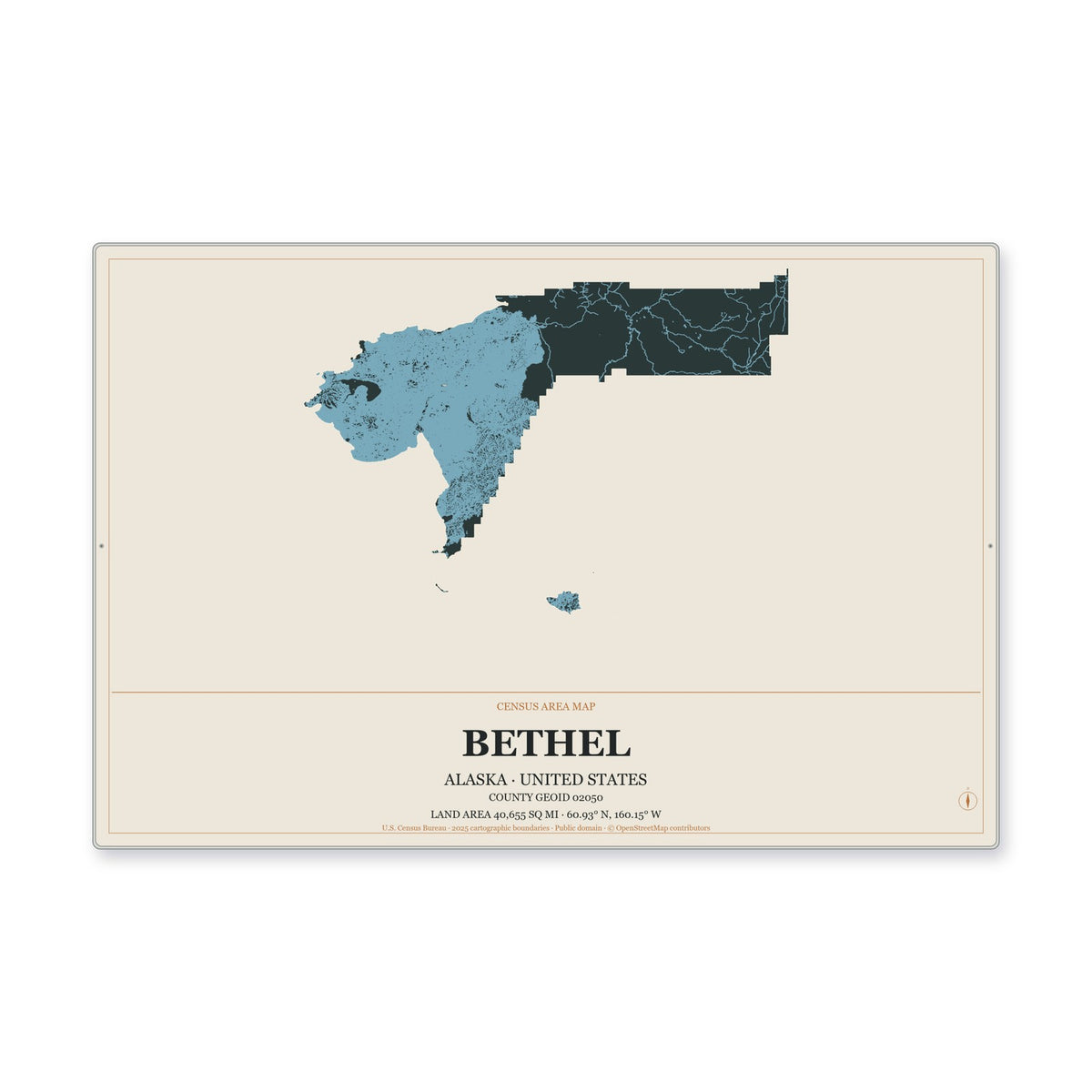 Bethel Census Area, Alaska Map Aluminum Sign in Headline Atlas style