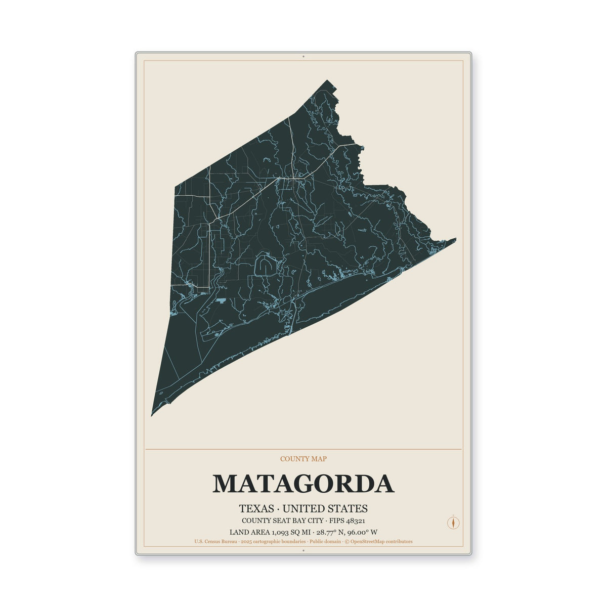 Matagorda County, Texas Map Aluminum Sign in Headline Atlas style