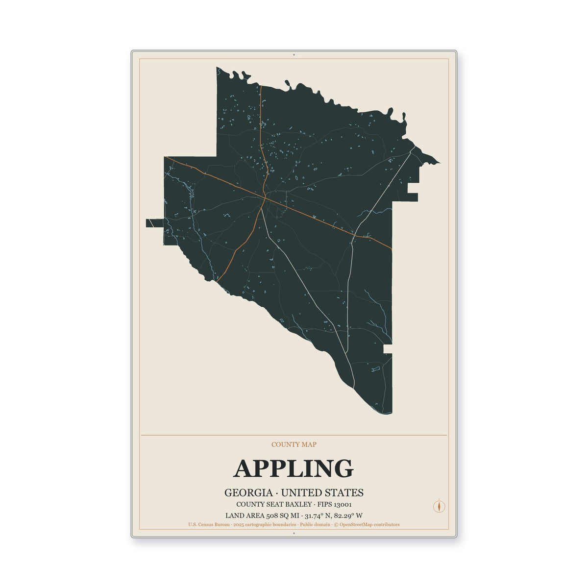 Appling County, Georgia Map Aluminum Sign in Headline Atlas style