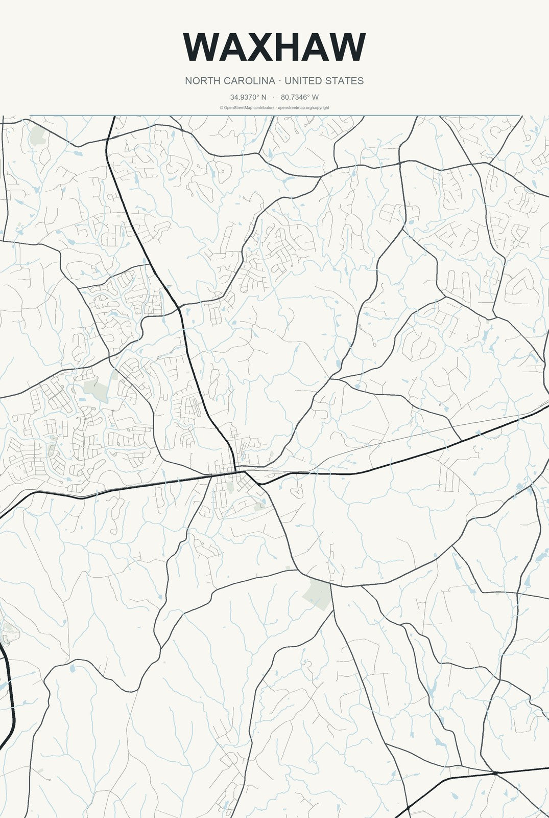 Waxhaw, North Carolina City Map Aluminum Sign in Headline Atlas style
