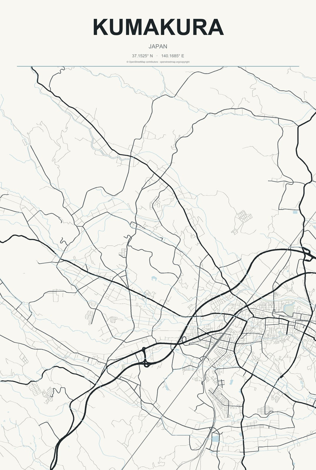 Kumakura, Japan City Map Aluminum Sign in Headline Atlas style