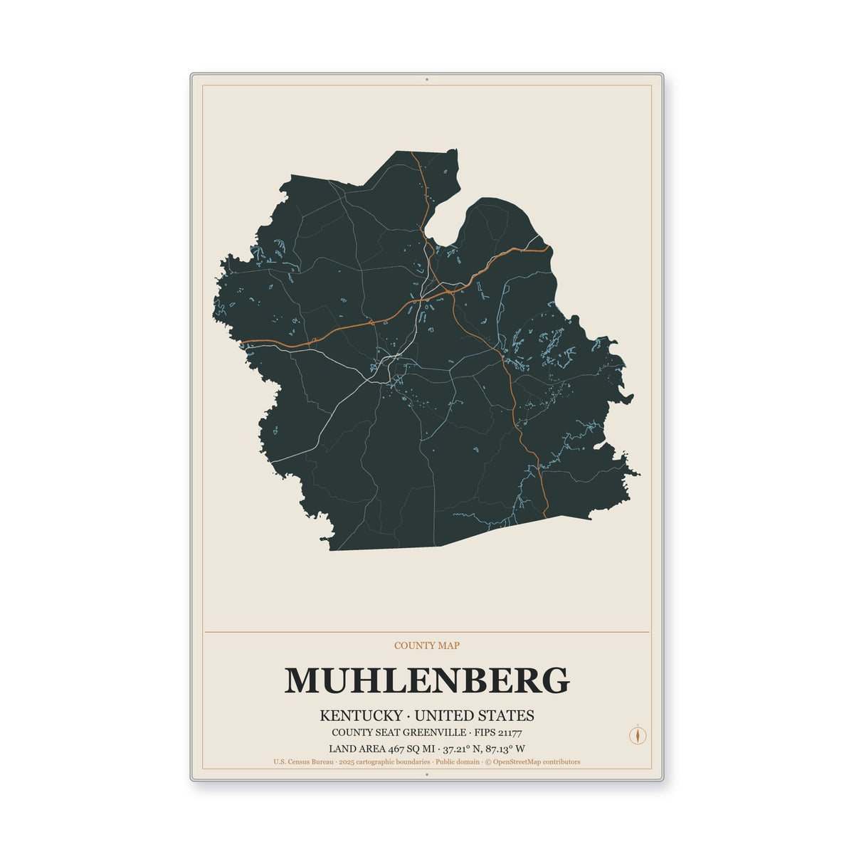 Muhlenberg County, Kentucky Map Aluminum Sign in Headline Atlas style
