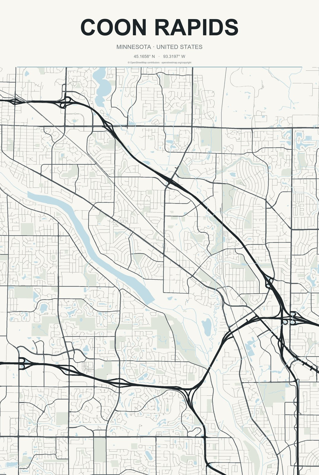 Coon Rapids, Minnesota City Map Aluminum Sign in Headline Atlas style