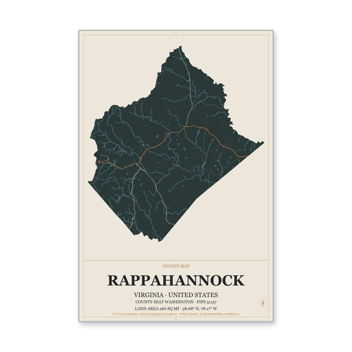 Rappahannock County, Virginia Map Aluminum Sign in Headline Atlas style