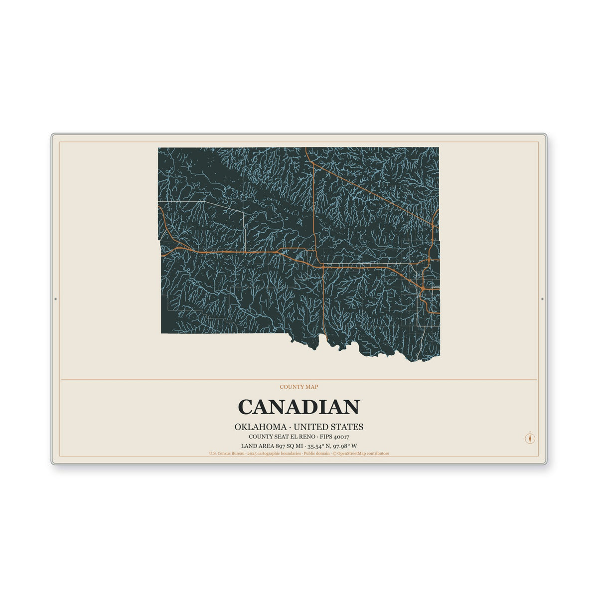 Canadian County, Oklahoma Map Aluminum Sign in Headline Atlas style
