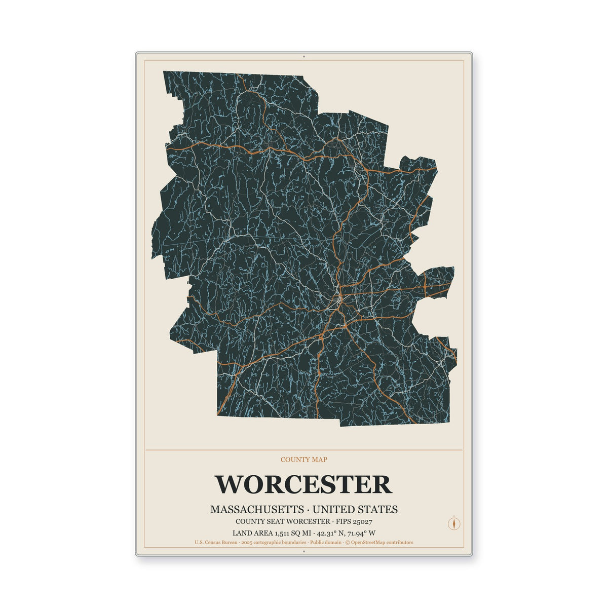 Worcester County, Massachusetts Map Aluminum Sign in Headline Atlas style