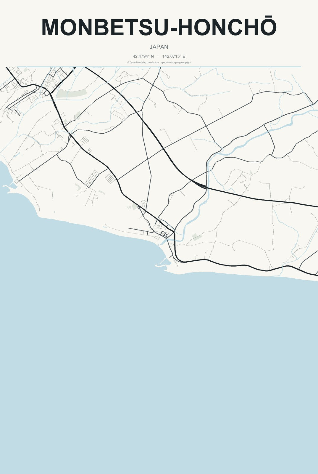 Monbetsu-honchō, Japan City Map Aluminum Sign in Headline Atlas style
