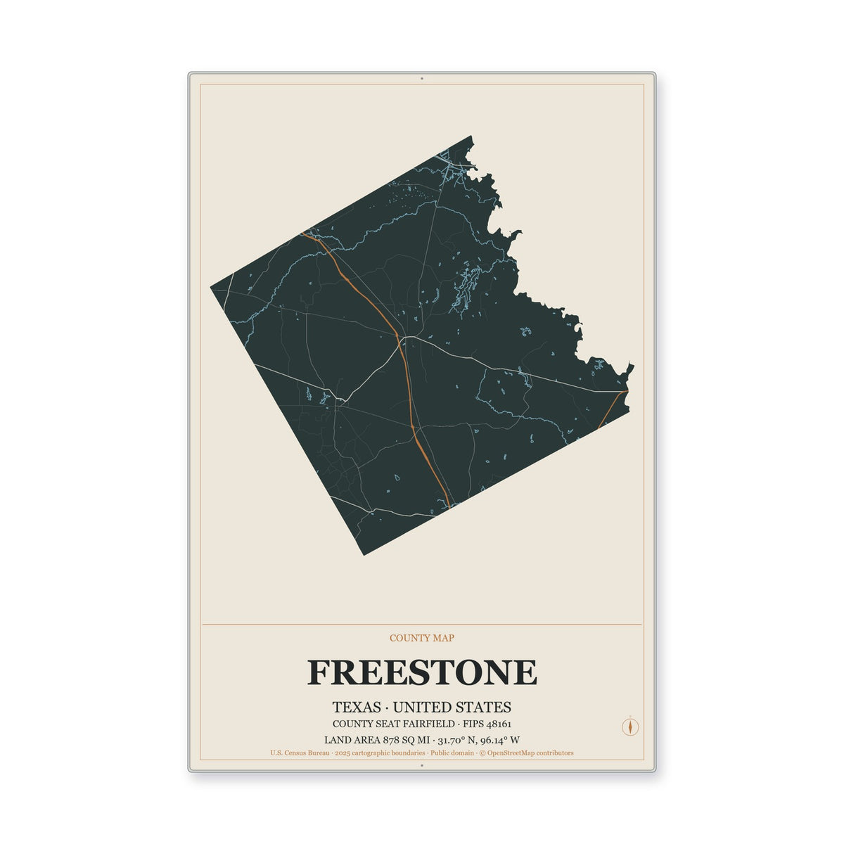 Freestone County, Texas Map Aluminum Sign in Headline Atlas style
