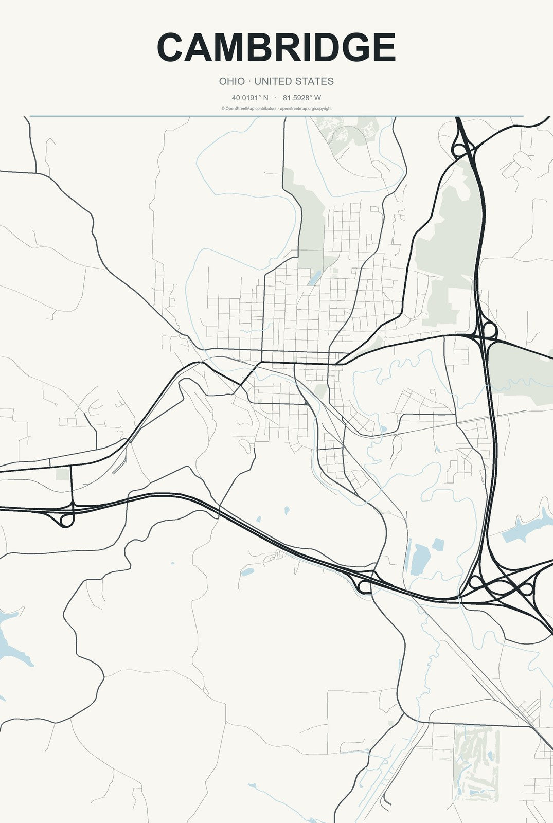 Cambridge, Ohio City Map Aluminum Sign in Headline Atlas style