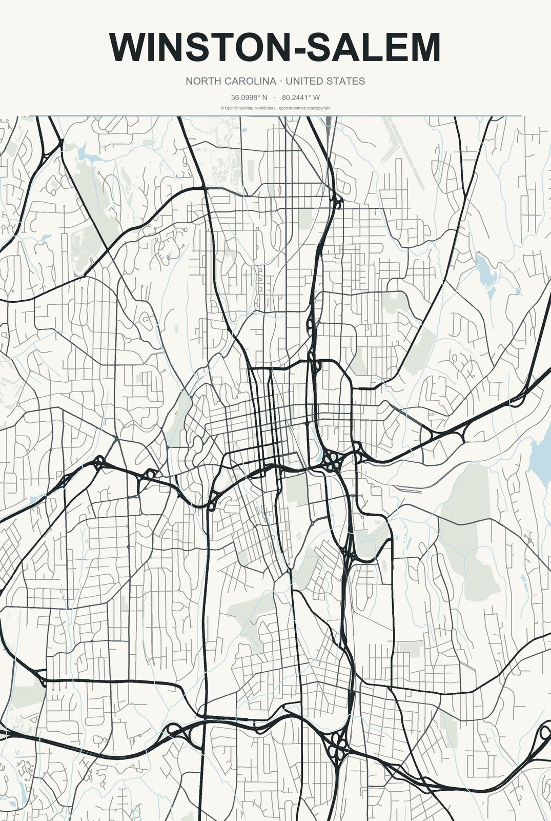 Winston-Salem, North Carolina City Map Aluminum Sign in Headline Atlas style