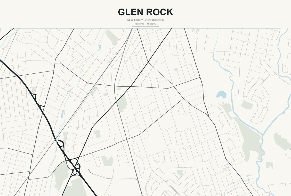 Glen Rock, New Jersey City Map Aluminum Sign in Headline Atlas style