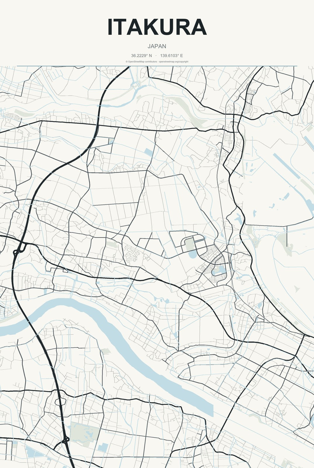 Itakura, Japan City Map Aluminum Sign in Headline Atlas style