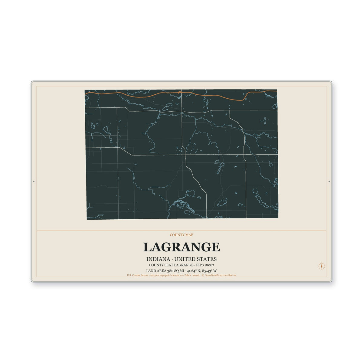 LaGrange County, Indiana Map Aluminum Sign in Headline Atlas style