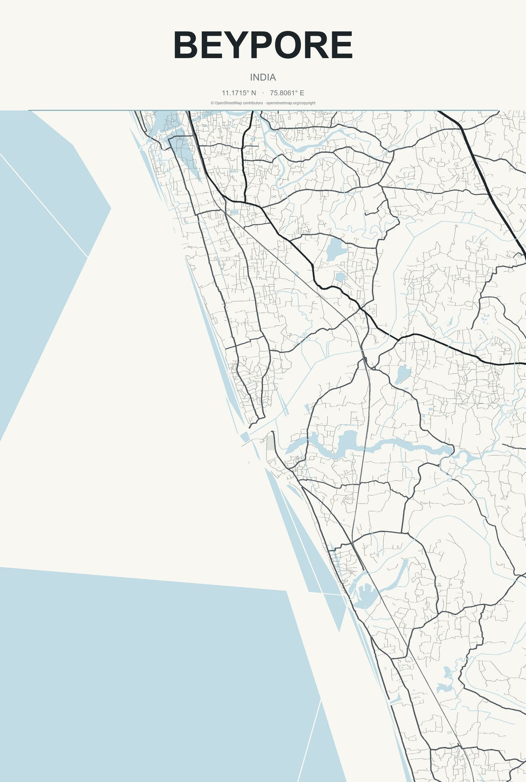 Beypore, India City Map Aluminum Sign in Headline Atlas style