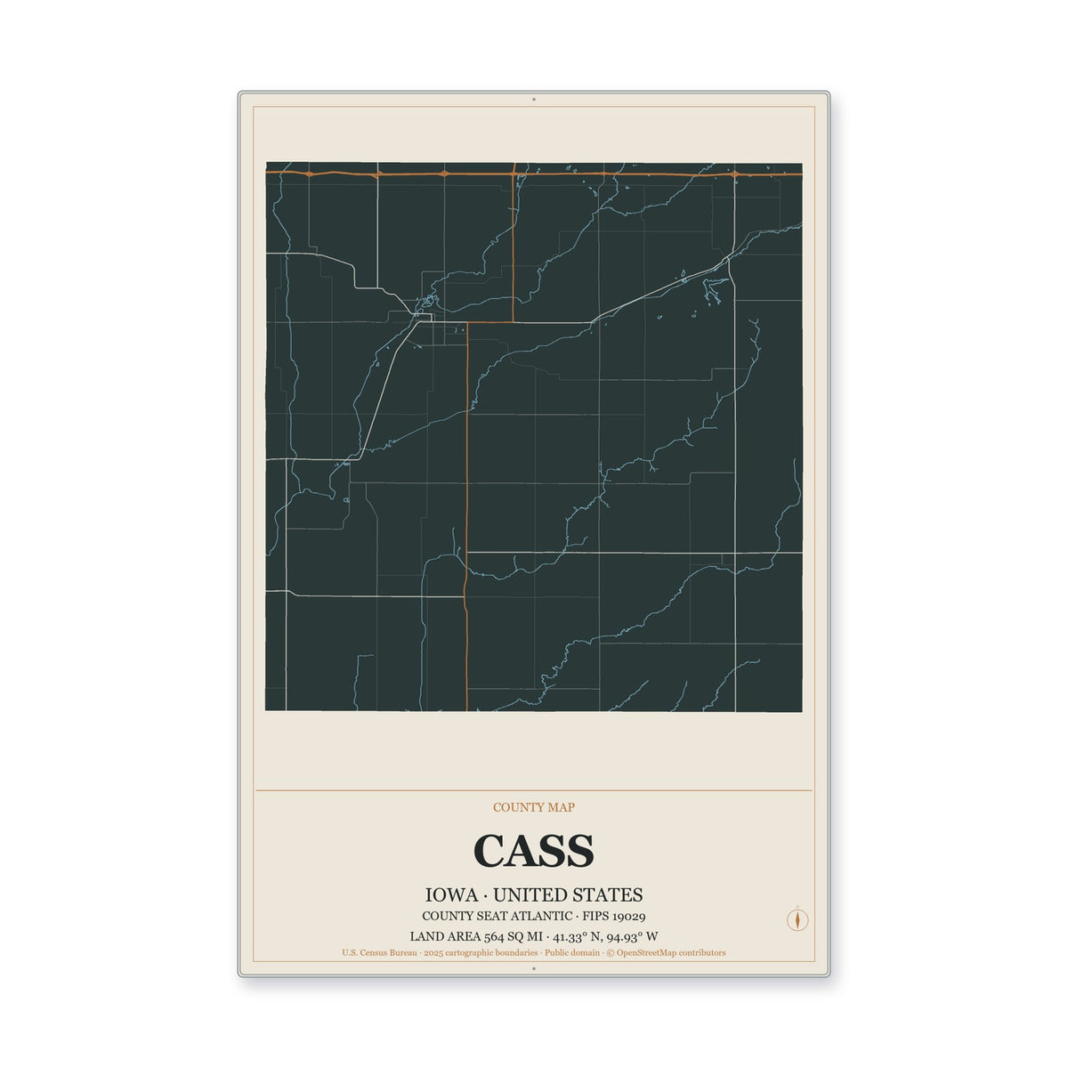 Cass County, Iowa Map Aluminum Sign in Headline Atlas style