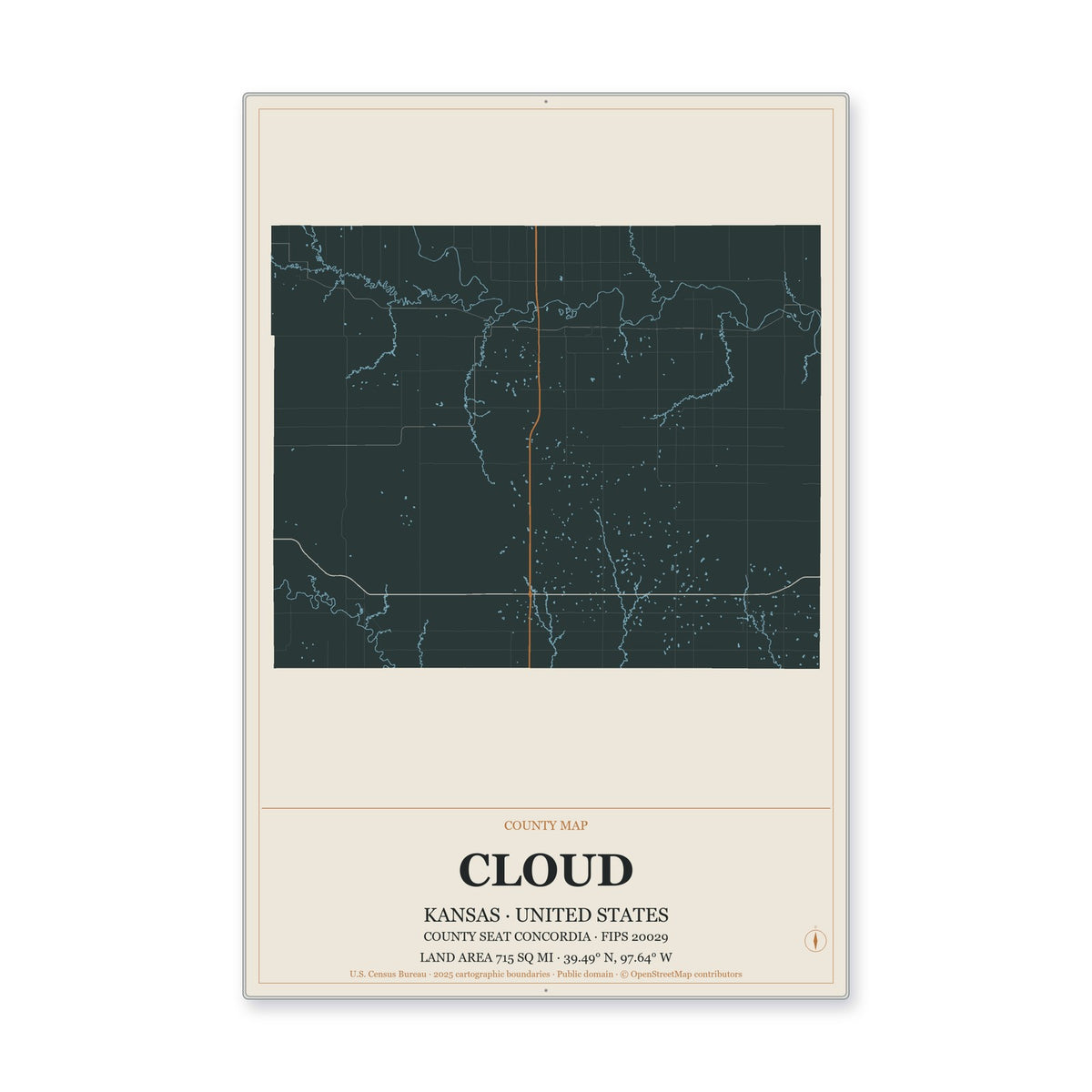Cloud County, Kansas Map Aluminum Sign in Headline Atlas style
