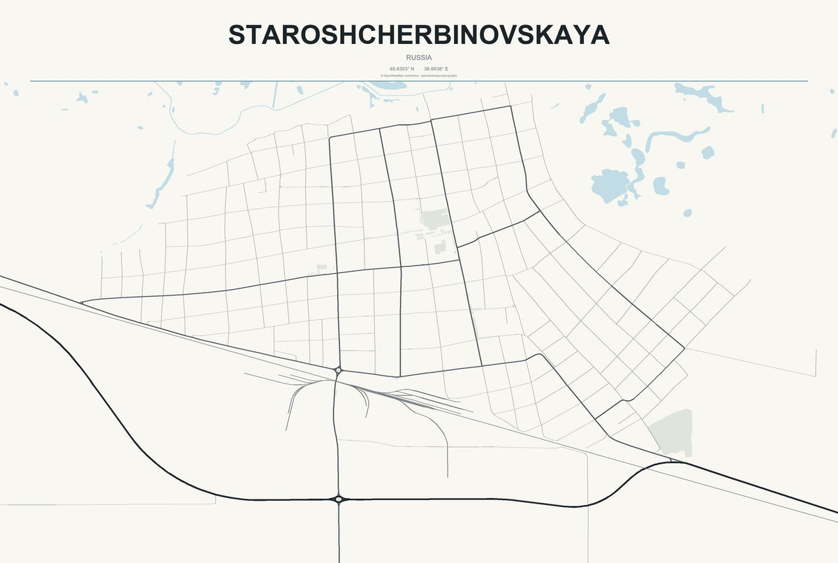 Staroshcherbinovskaya, Russia City Map Aluminum Sign in Headline Atlas style