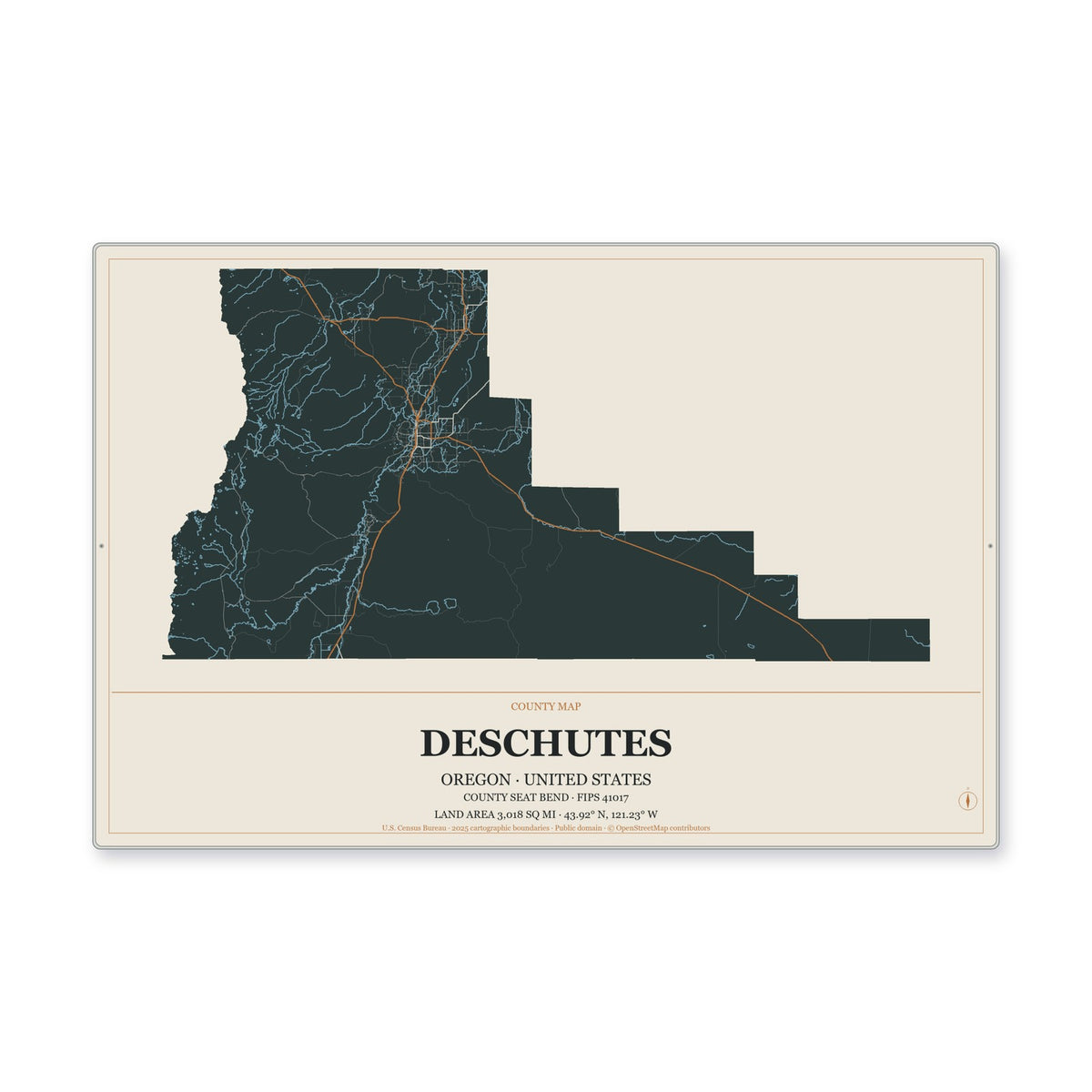 Deschutes County, Oregon Map Aluminum Sign in Headline Atlas style