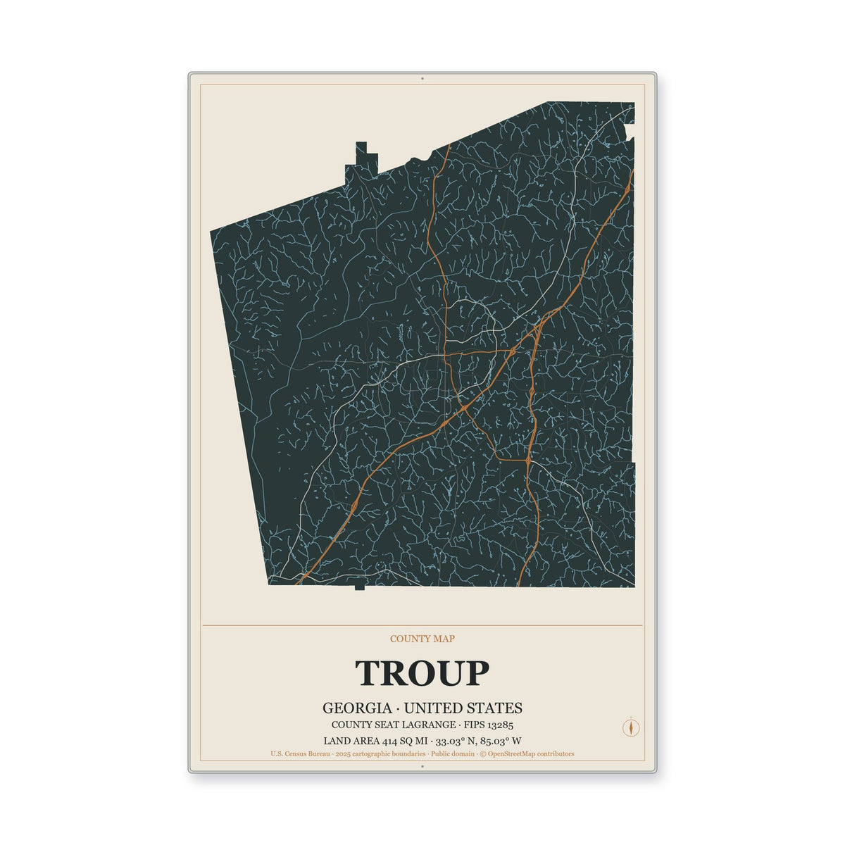 Troup County, Georgia Map Aluminum Sign in Headline Atlas style