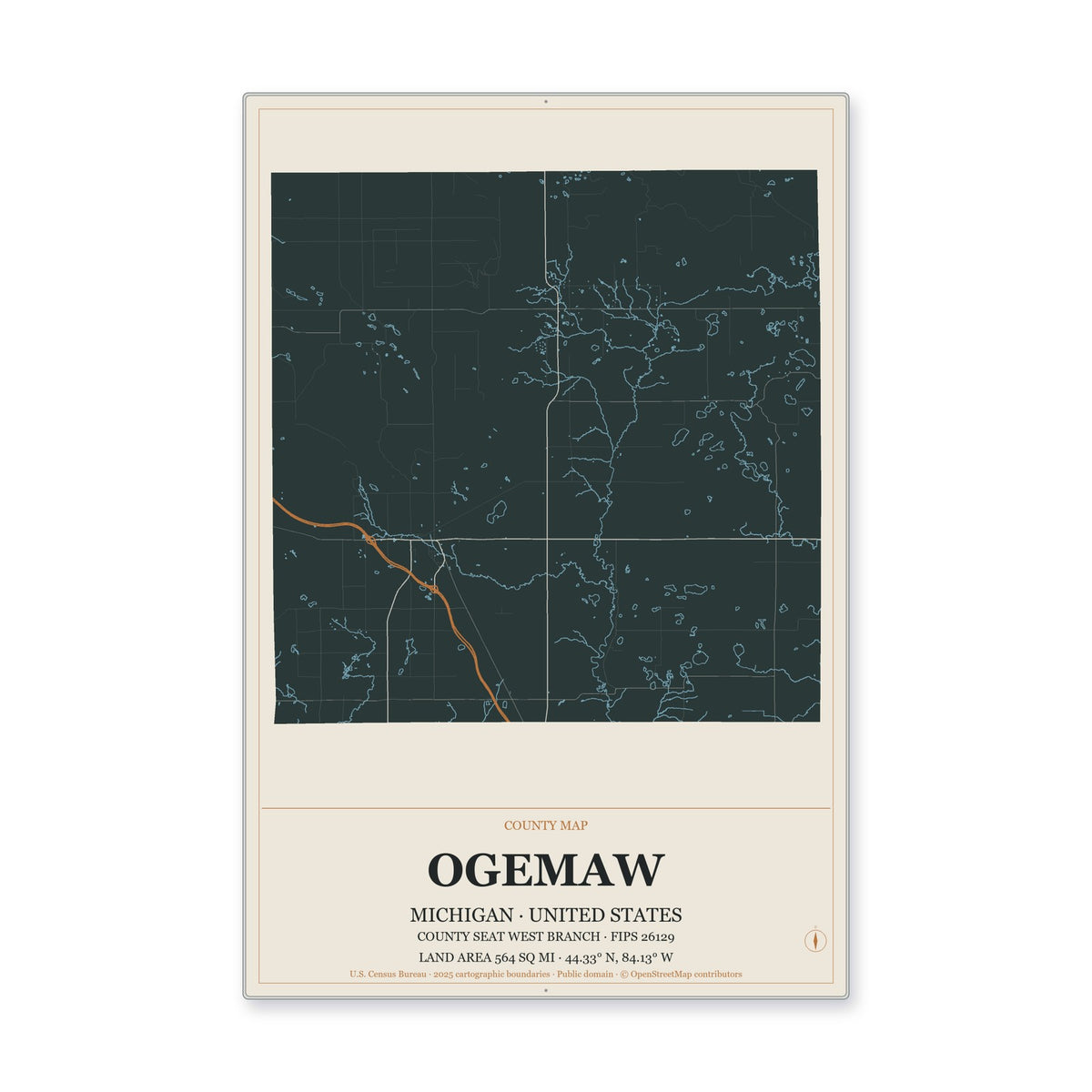 Ogemaw County, Michigan Map Aluminum Sign in Headline Atlas style