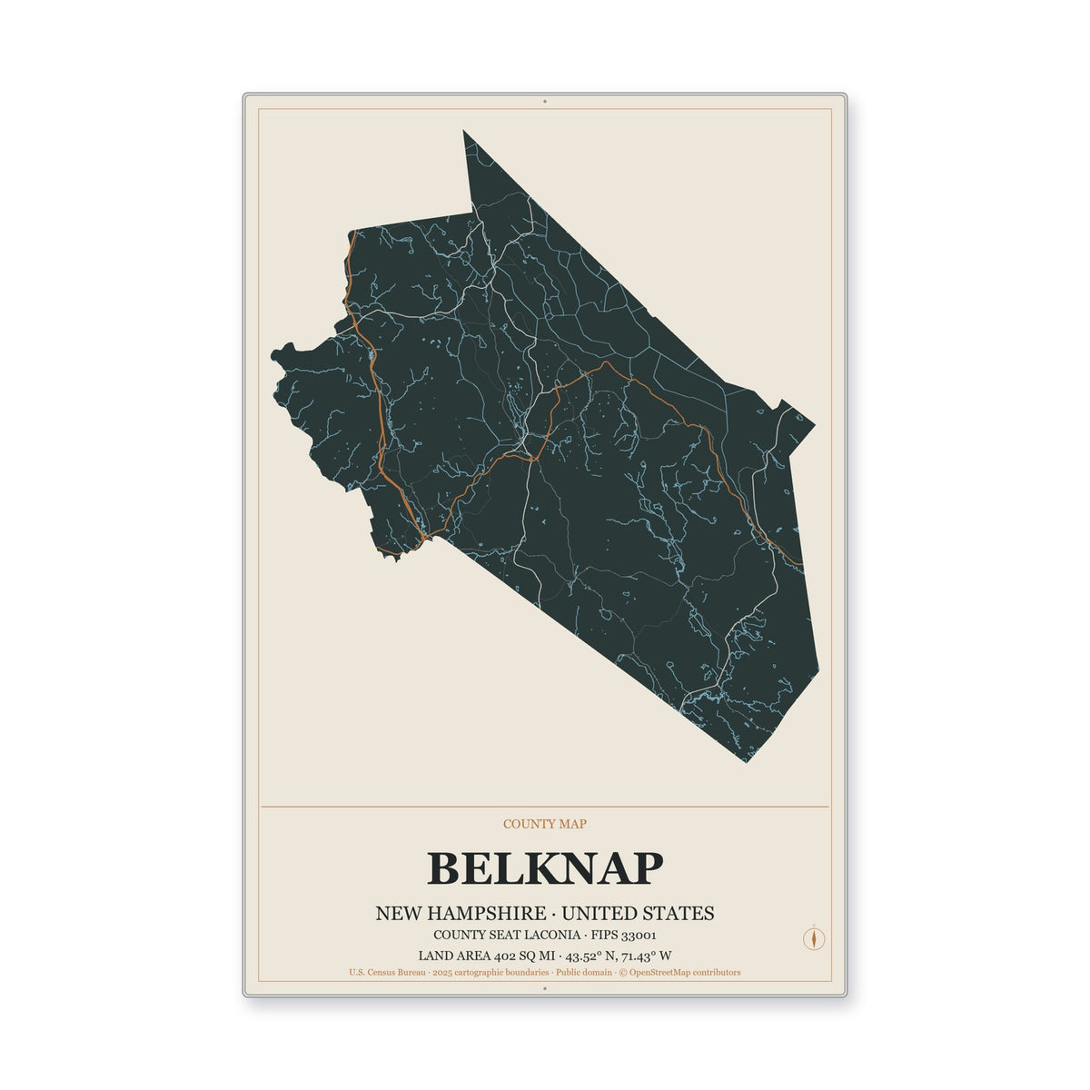 Belknap County, New Hampshire Map Aluminum Sign in Headline Atlas style